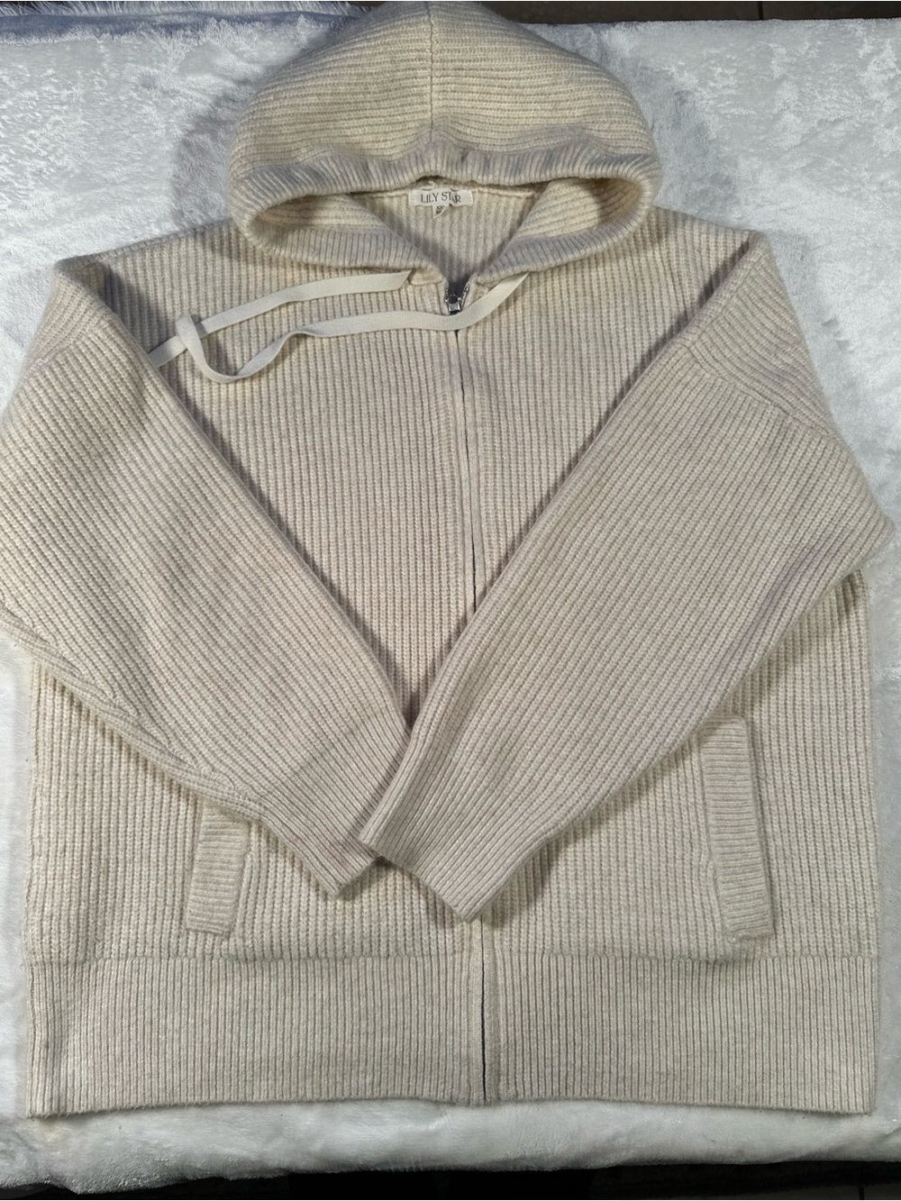 Lily Star Men's Cream Ribbed Zip Hoodie